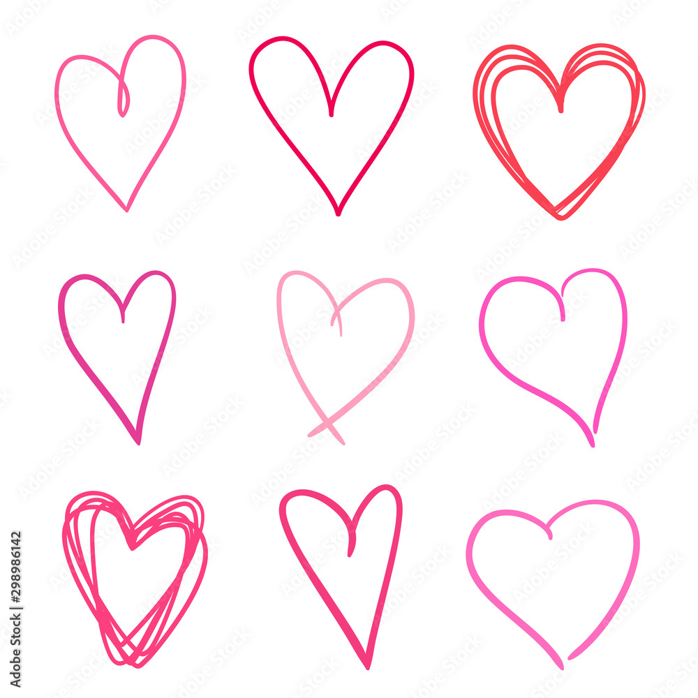 Abstract hearts on isolated white background. Hand drawn set. Line art creation. Colored illustration. Sketchy elements