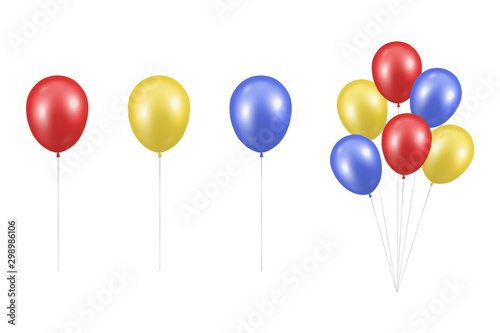 Vector Realistic Glossy Metallic Red  Yellow  Blue Balloon Set Closeup Isolated on White Background. Bunch  Group. Design Template of Translucent Helium Baloons  Mockup  Anniversary  Birthday Party
