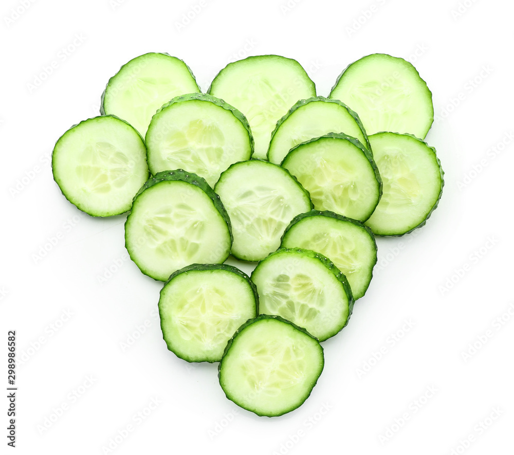 Fresh cut cucumber on white background