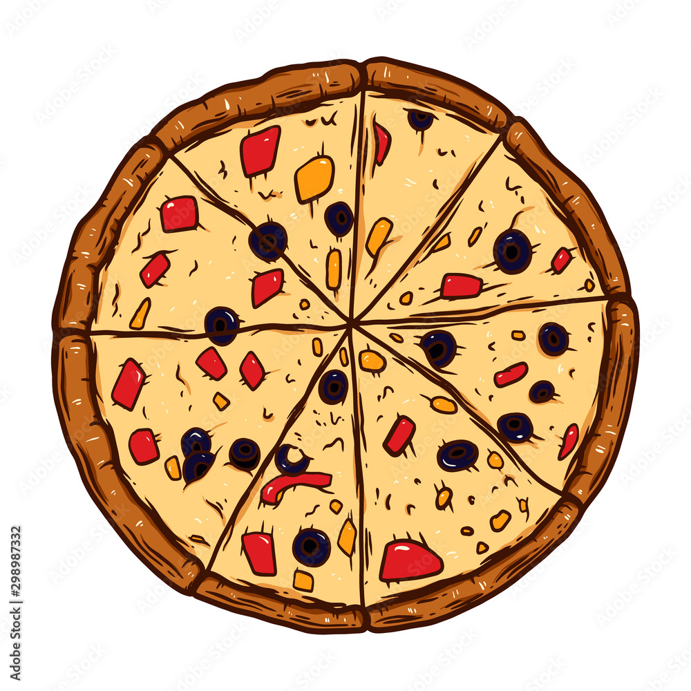 Hand drawn pizza illustration. Design element for poster, emblem, sign, logo, label.