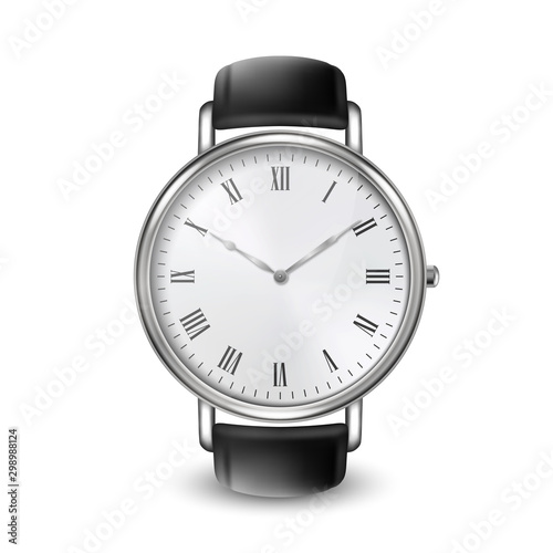 Realistic Silver Steel Classic Unisex Wrist Watch with Roman Numerals Icon Closeup Isolated on White Background. Design Template of Metal Wristwatch with Leather Bracelet. Stock Vector Illustration