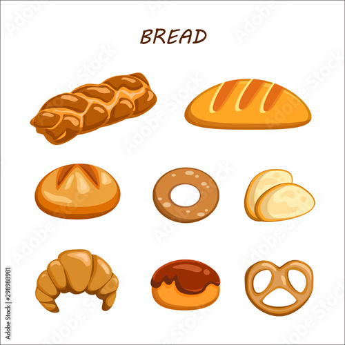 Bakery and pastry products icons set with various sorts of bread, rye, whole grain and wheat bread sweet buns, cupcakes, and cakes for bakery shop or food design