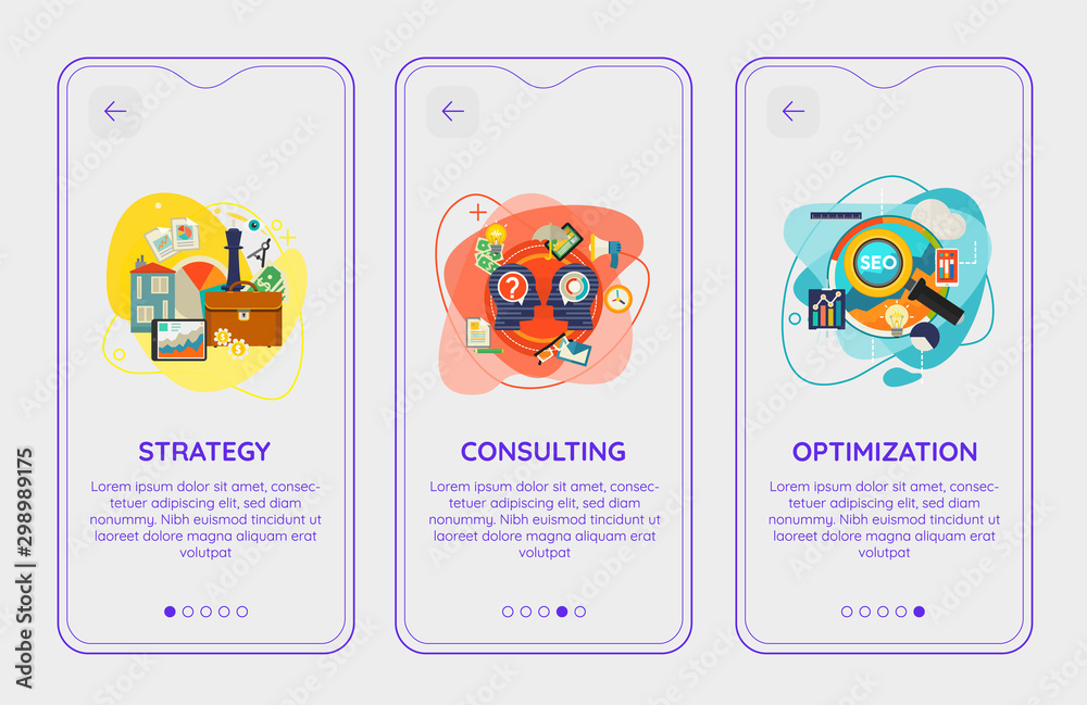 Flat design responsive Consulting, Management, SEO and Strategy UI mobile app splash screens. Template with trendy illustrations