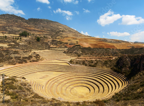 Inca terraces of Moray, Peru. They were used for agricultural experiments. Each level has its own microclimate. Moray is an archaeological site near the Sacred Valley in Peru. © minoandriani