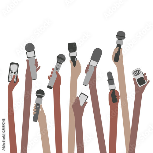 Hands Holding microphones during press conference or interview speech