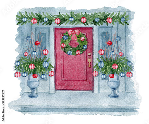 Original watercolor painting. Christmas card. Blue house with red door and Christmas decoration