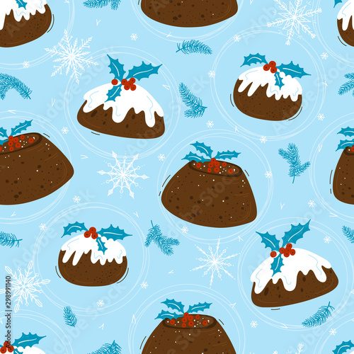 Seamless Vector Pattern of Christmas Pudding with Holly Leaves and Berries, Christmas Tree Branches, Snowflakes. Winter Holiday Background with Traditional Food Plum Pudding. Xmas, New Year
