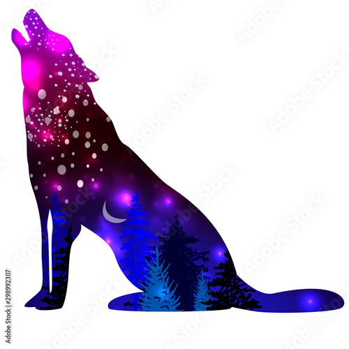 Silhouettes of Wolf with space galaxy background effect