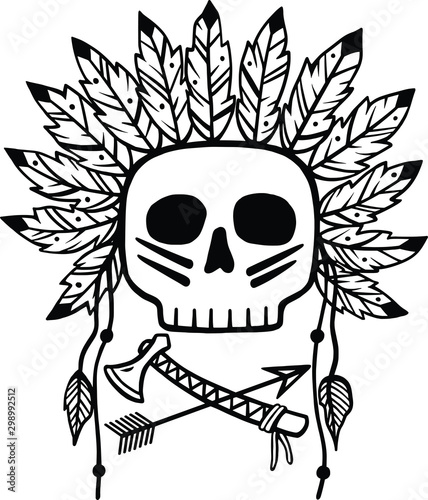 Vector Skull Chief illustration. Native American, Indian warrior with arrow and tomahawk abstract image. Isolated black and white object. Icon, symbol, tattoo, tribal art, t-shirt print, template.