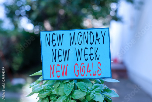 Text sign showing New Monday New Week New Goals. Business photo text showcasing next week resolutions To do list Plain empty paper attached to a stick and placed in the green leafy plants photo