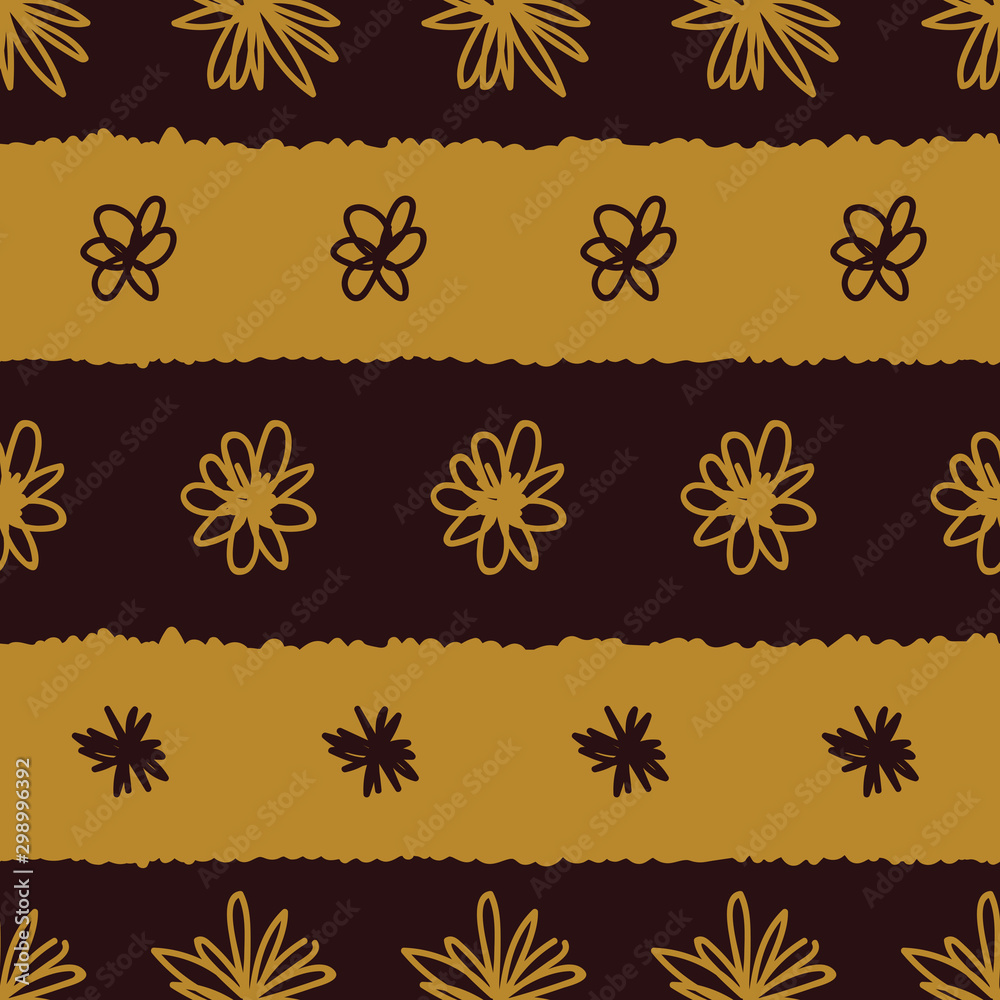 Autumn and winter flowers, striped seamless pattern in fall colors. Dark background and delicate handmade illustration great for weddings, invitations, fall and winter sales and  holiday designs