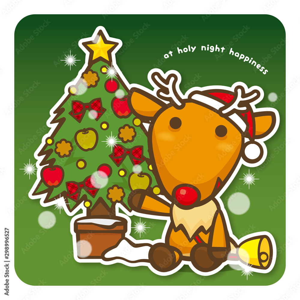 Fototapeta premium はっぴークリスマス クリスマスツリーとトナカイさん（緑）