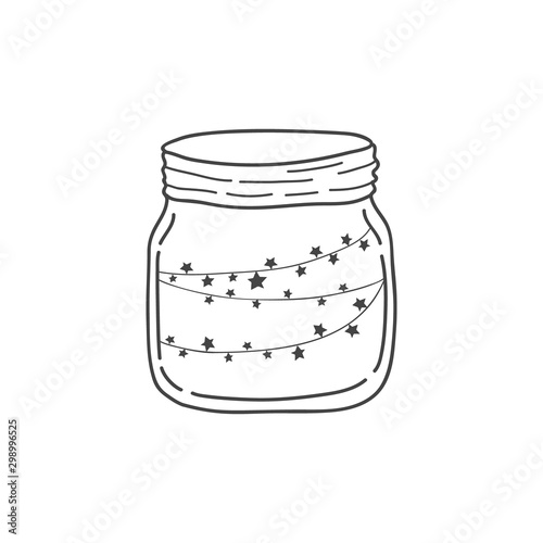 Glass jar with a garland. Vector freehand illustration in doodle style. Asterisks