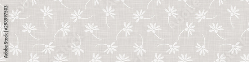 Gray French Linen Texture Border Background printed with White Daisy Flower. Natural Ecru Flax Fibre Seamless Pattern. Organic Yarn Close Up Weave Fabric Banner Trim. Cloth Packaging. Vector EPS10