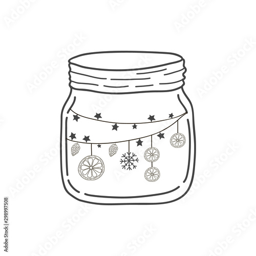 Glass jar with a garland and oranges. Vector freehand illustration in doodle style. New year illustration