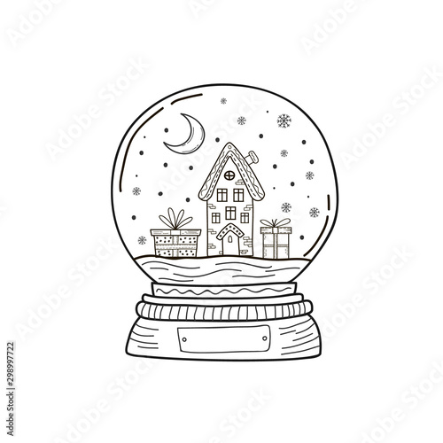Christmas crystal ball with a house. Vector linear illustration. Gingerbread house with christmas gifts.