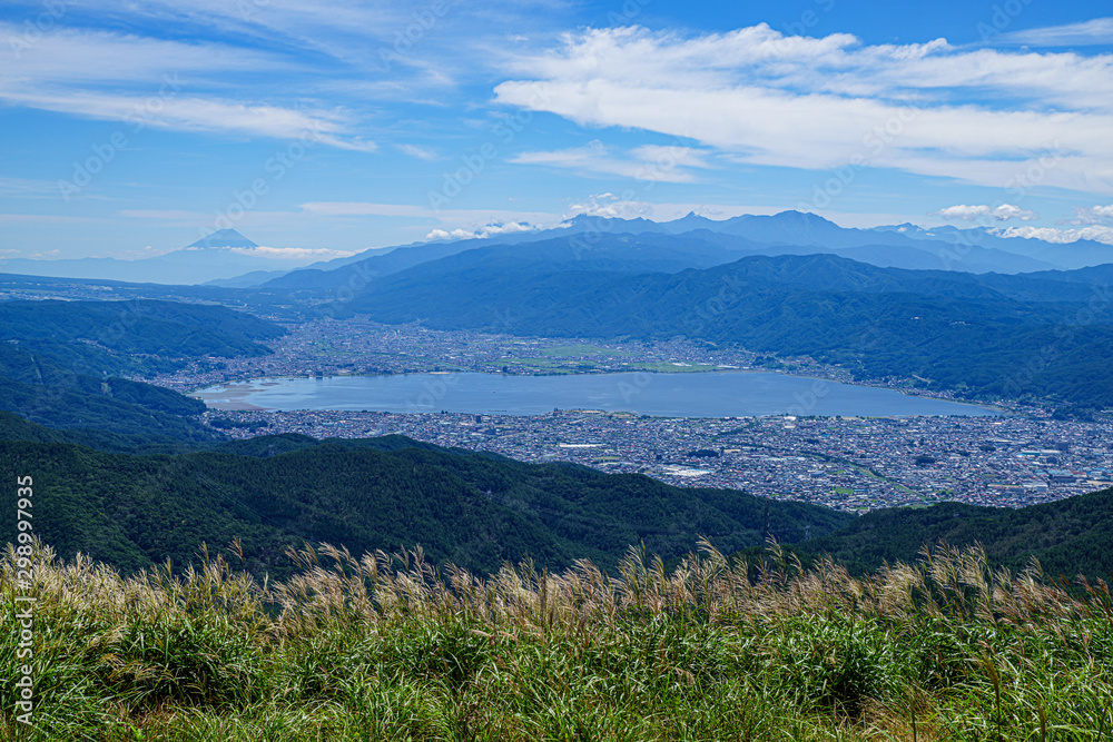 高ボッチ高原からの諏訪湖と富士