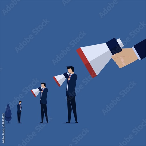 Business flat vector concept hand hold megaphone to other man metaphor of blaming else.