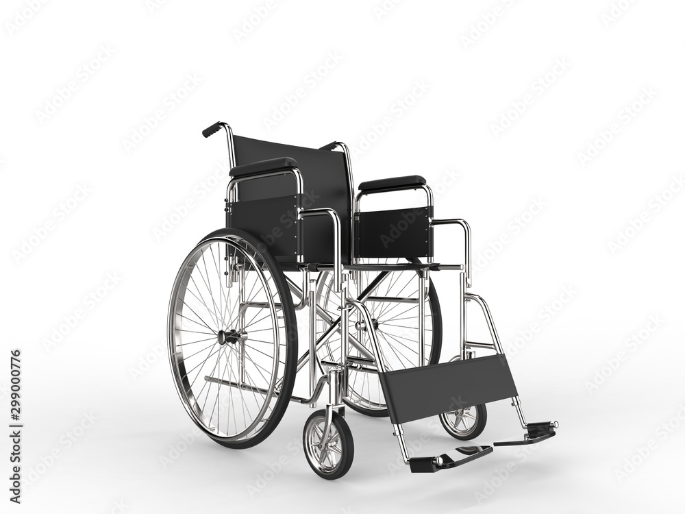 Medical wheelchair with black leather seat and metal railings