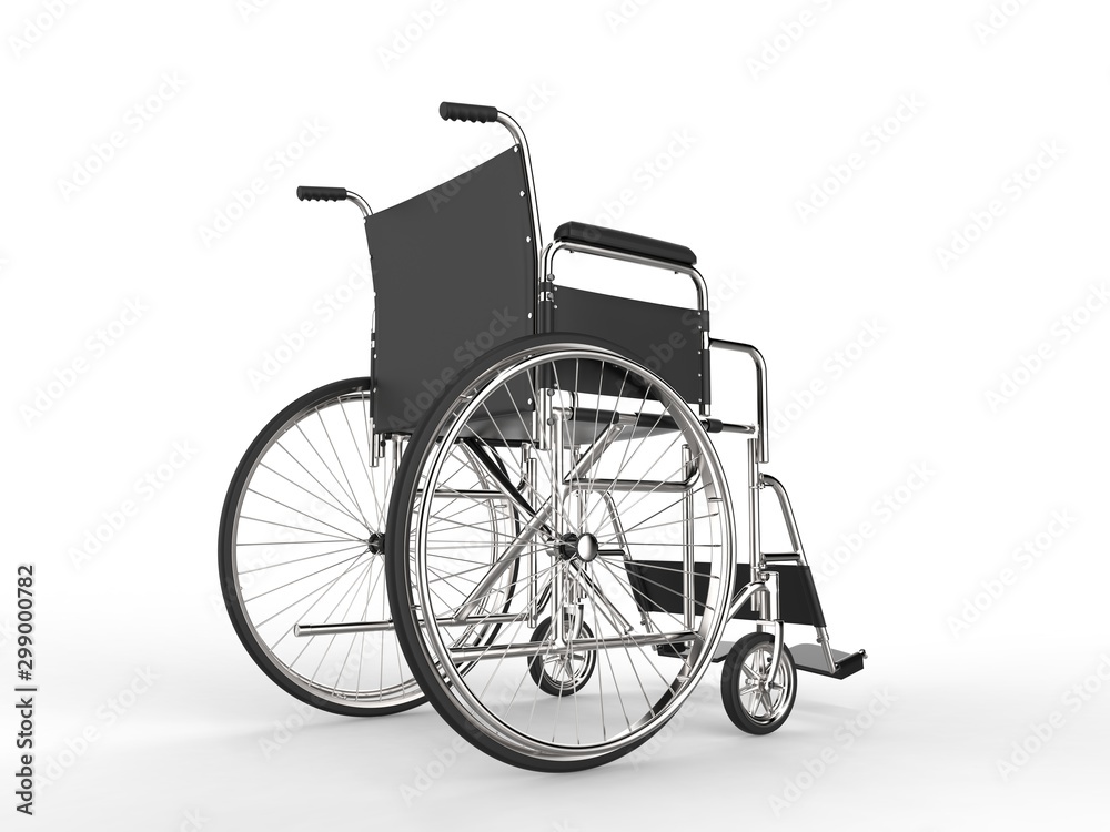 Medical wheelchair with black leather seat and metal railings - low angle shot