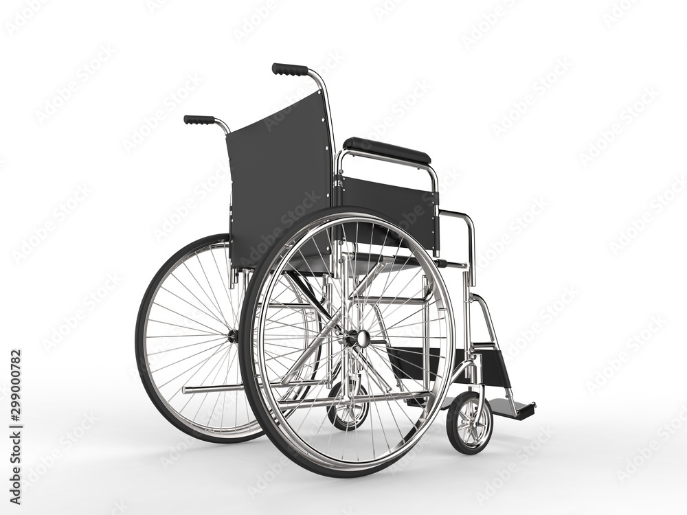 Fototapeta premium Medical wheelchair with black leather seat and metal railings - low angle shot