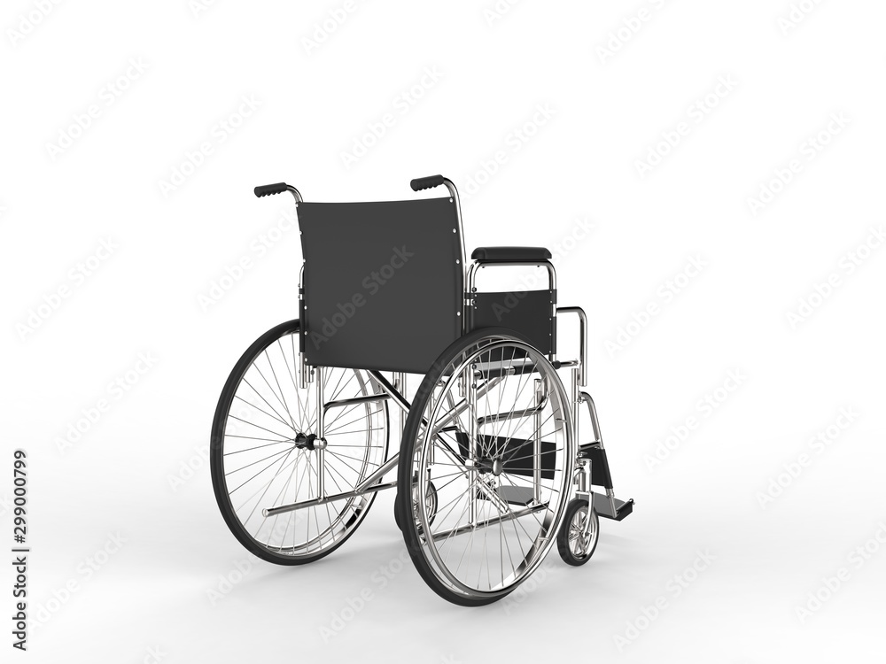 Wheelchair with black leather seat and metal railings - rear view