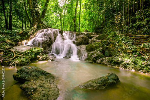 The natural background of the water flowing through rocks, natural waterfalls, blur of flowing water surrounded by various plants, the integrity of the ecosystem.