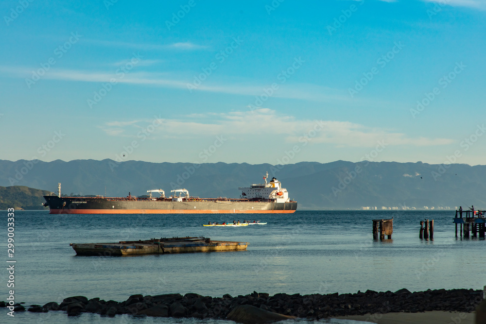 Oil tanker at the Petrobras maritime terminal of the sea near Ilhabela and Sao Sebastiao in Brazil