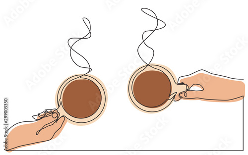 continuous line drawing of two hands holding coffee cups