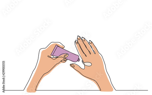 continuous line drawing of hand testing moisturizing skin cream