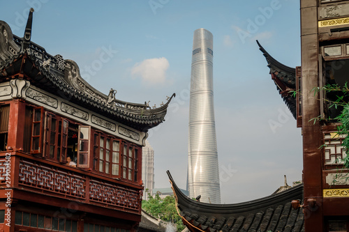 Photography Shanghai, China view at the traditional Yuyuan Garden District at blue sky cloud