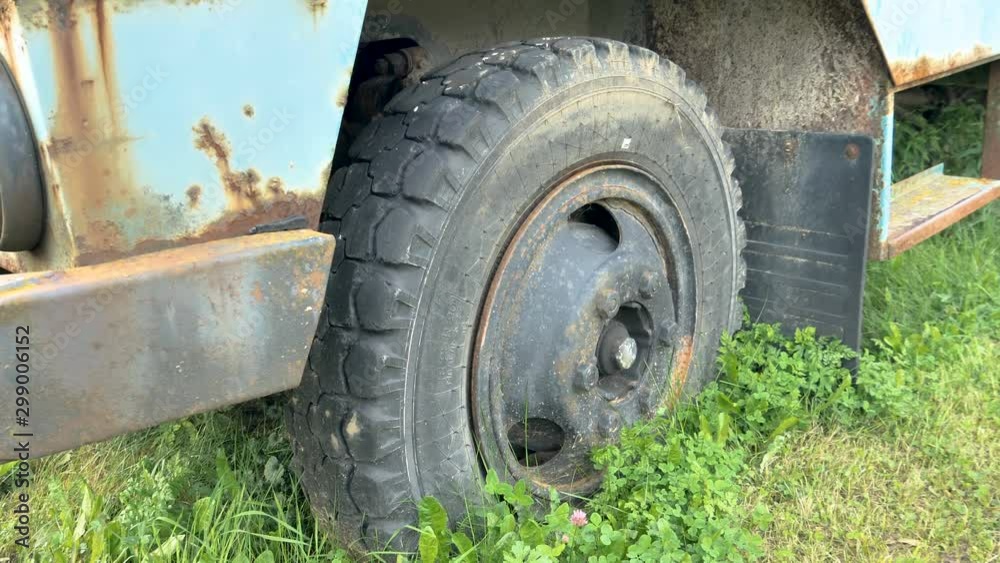 Closer look of the old tire of the bus Closer look of the old tire of the bus