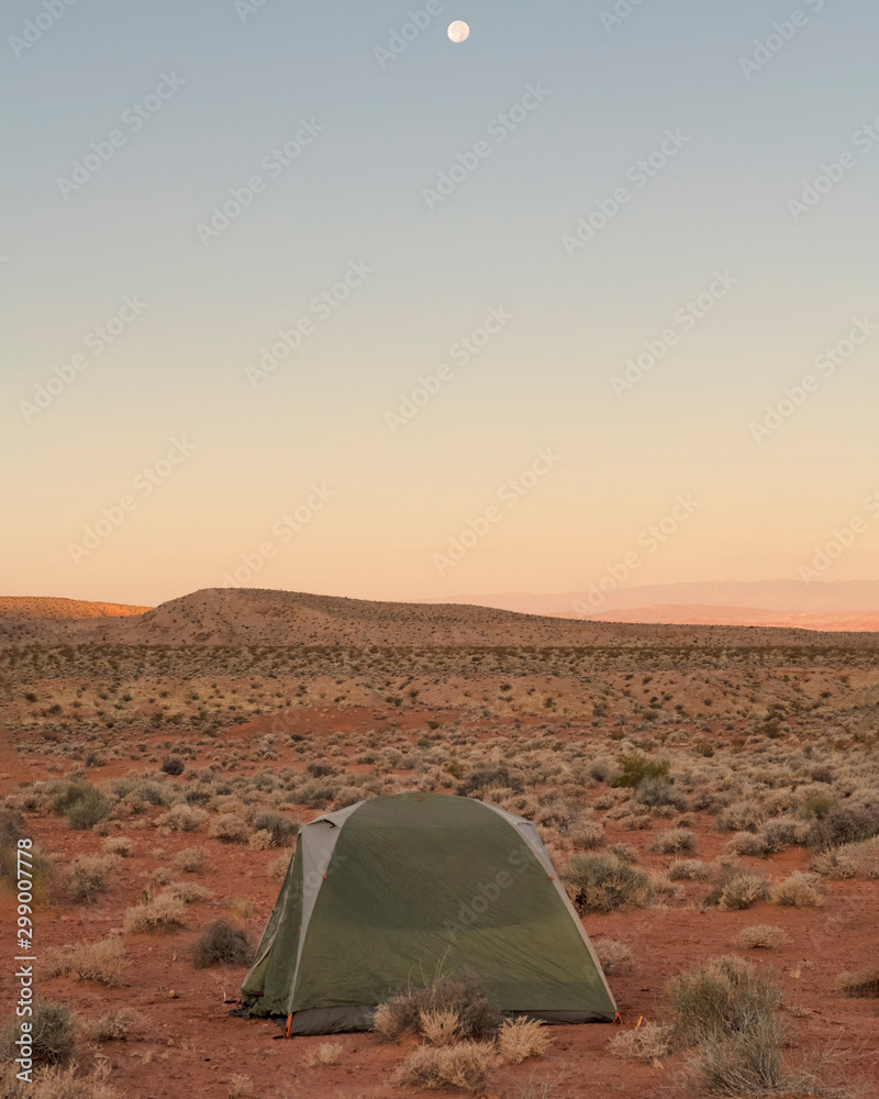 Tent in the Desert at Sunrise with Moon 