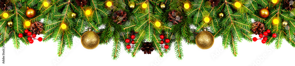 Amazing christmas border with fresh fir branches isolated on white. Golden balls, fir branches, cones, little light and red berries composition. Amazing christmas border with fresh fir branches isolated on white. Golden balls, fir branches, cones, little light and red berries composition.