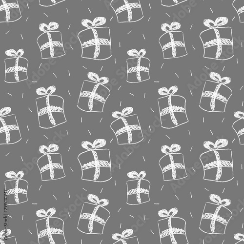 Seamless pattern from gift boxes with bows drawn in pencil. Topics: New Year, Christmas, Valentine's Day, Birthday, Anniversary, Wedding. Hand-drawn in trendy Scandinavian style. Wrapping paper