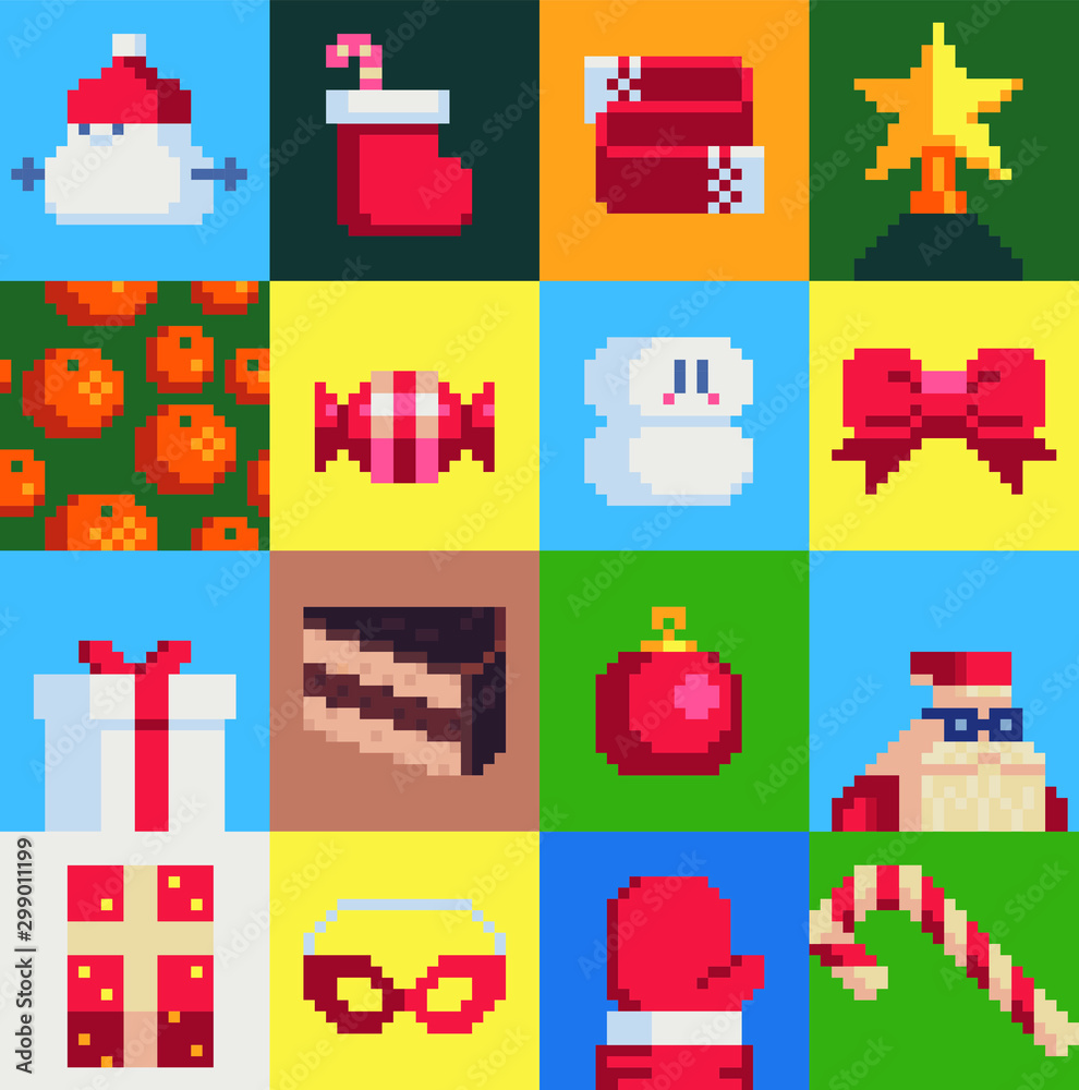 Christmas set, pixel art style, candy, red boot, ball, bow, cake, Santa's beard, mitten, tree 