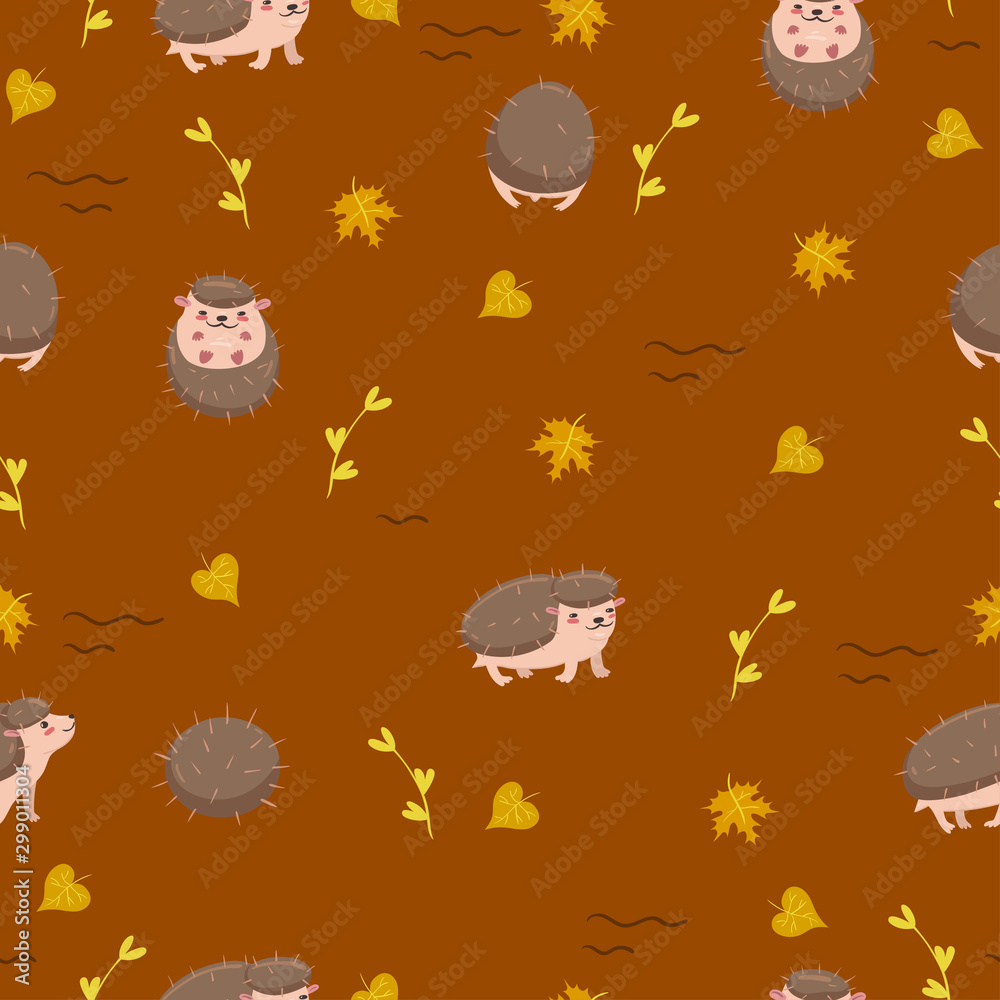 Obraz premium Cute hedgehogs on a brown background seamless pattern. Vector graphics.