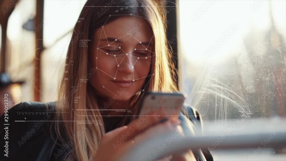 Future. Face Detection. Technological 3d Scanning. Biometric Facial Recognition. Face Id. Technological Scanning Of The Face Of Beautiful Caucasian Woman At The Tram For Facial Recognition. Shoted By