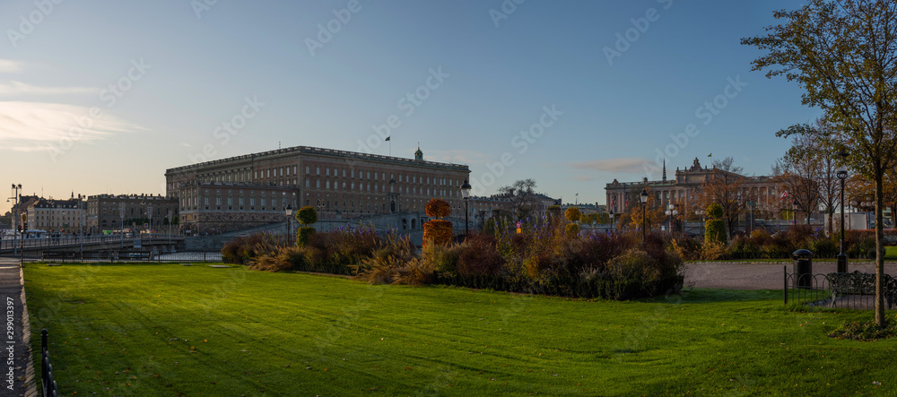 Morning autumn view over Stockholm, the Government buildings and the Castle. 