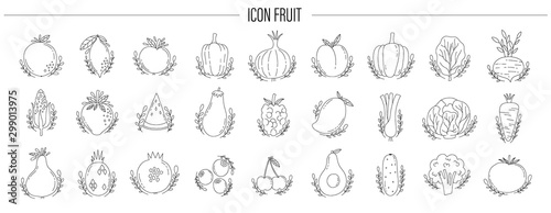 Icon fruit and vegetable black outline set. Hand drawn naive style.