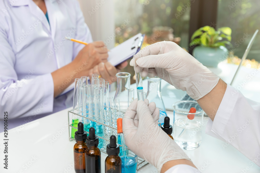 Fototapeta premium Research and development concept, Laboratory scientist working at lab with test tubes about medicine