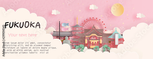 Tour and travel advertising, postcard, panorama poster of world famous landmark of Fukuoka, Japan in paper cut style vector illustration.