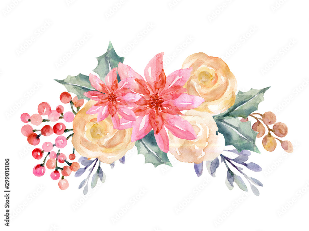 Watercolor poinsettia Hand painted winter Merry Christmas and Happy New Year isolated wreath bouquet illustration on white Background