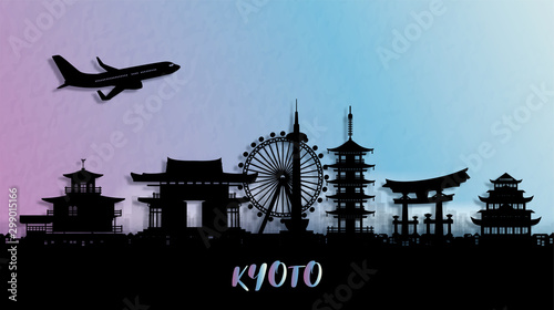 Silhouette panorama view of Kyoto city skyline with world famous landmarks of Japan. Vector illustration.