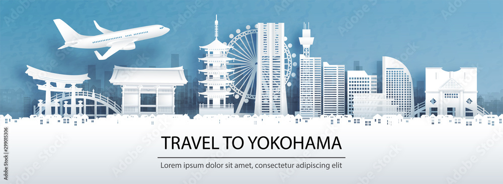 Travel advertising with travel to Yokohama concept with panorama view city skyline and world famous landmarks of Japan in paper cut style vector illustration. - obrazy, fototapety, plakaty 