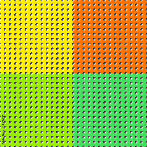 Set of multicolored perforated flat surfaces made of paper, plastic, metal. Seamless vector patterns for design.