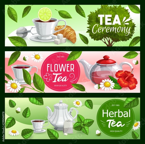 Tea cups, teapots and leaves with sugar, teabags