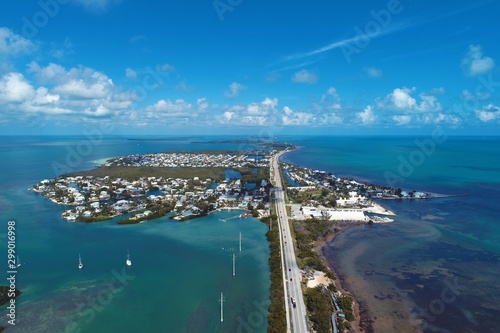 Aerial view of famou bridge and islands in the way to Key West, Florida Keys, United States. Great landscape. Vacation travel. Travel destination. Tropical scenery. © ByDroneVideos