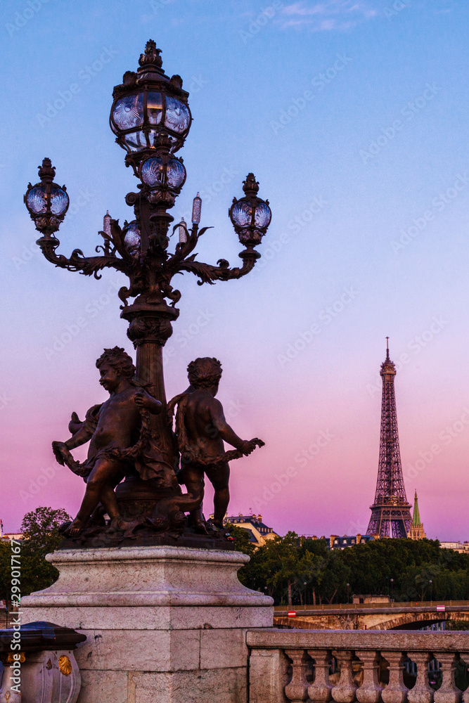 Eiffel Tower seen at dawn from the Pont Alexandre III bridge