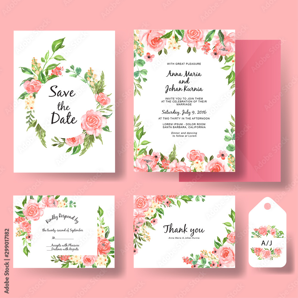 Beautiful rose pink watercolor frame wedding invitation card template